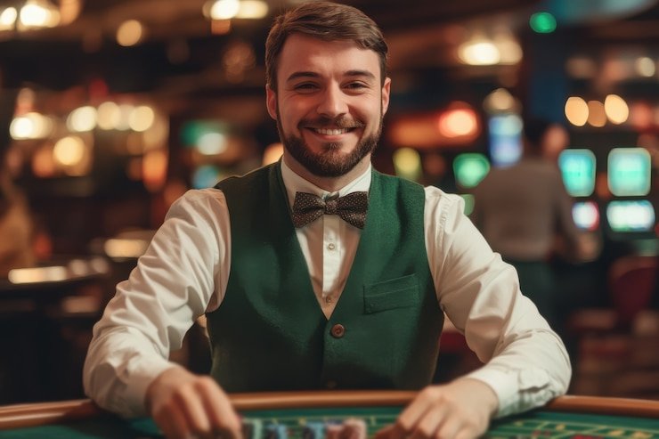 Meja kasino dengan dealer memandu permainan live casino yang dinamis